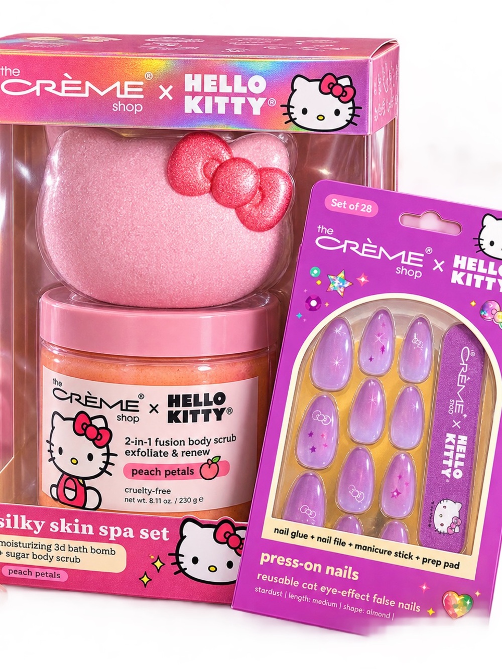 The Crème Shop x Hello Kitty silky skin Spa Set and hello kitty press on nails